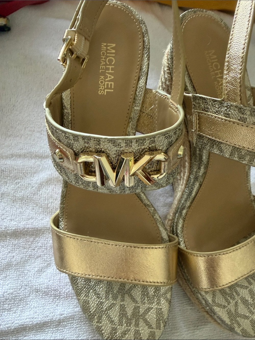MICHAEL Michael Kors Metallic Gold Wedge Sandals with MK Logo